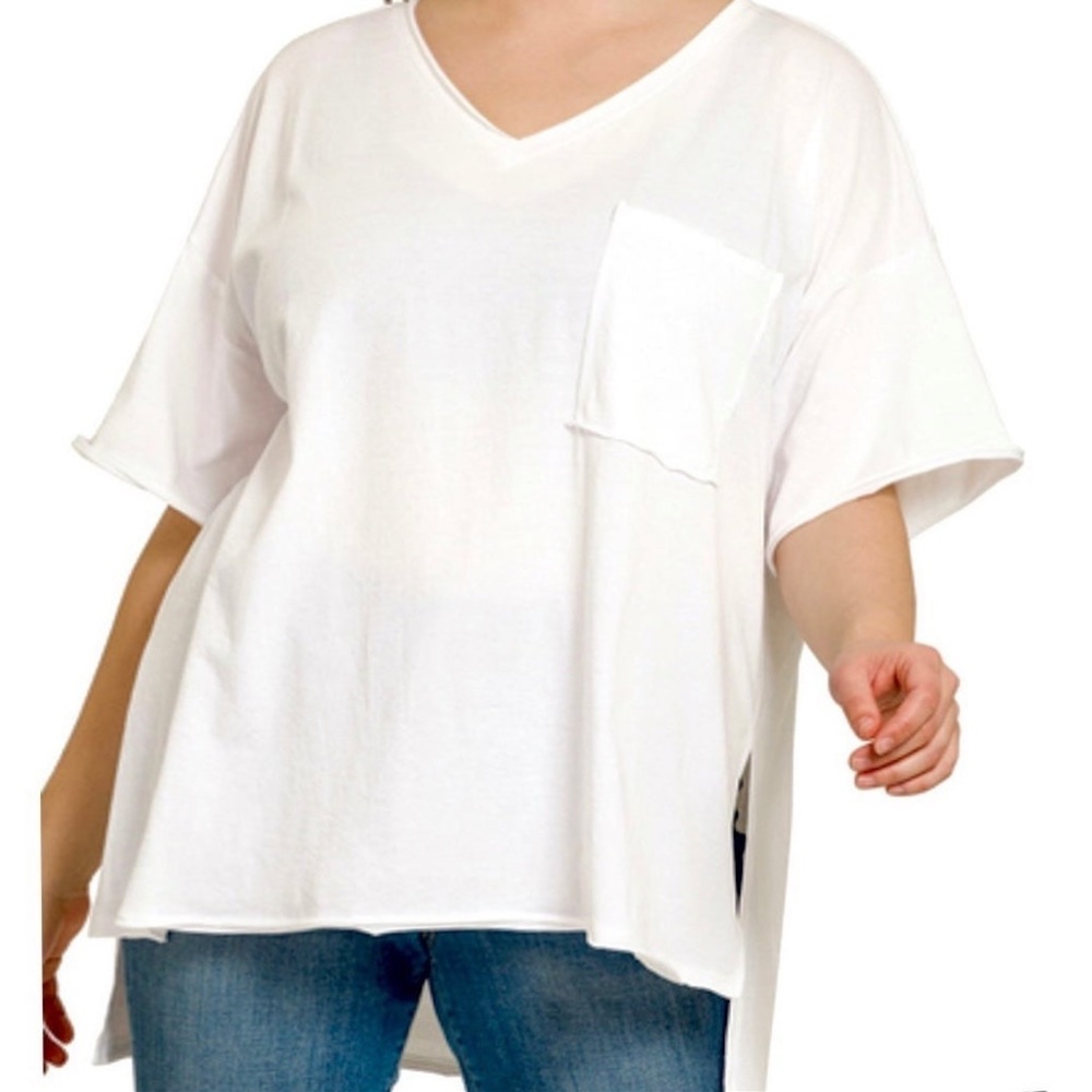 ZENANA Oversized Raw Edge Front Pocket Hi Low Tee Top - Picture 3 of 14